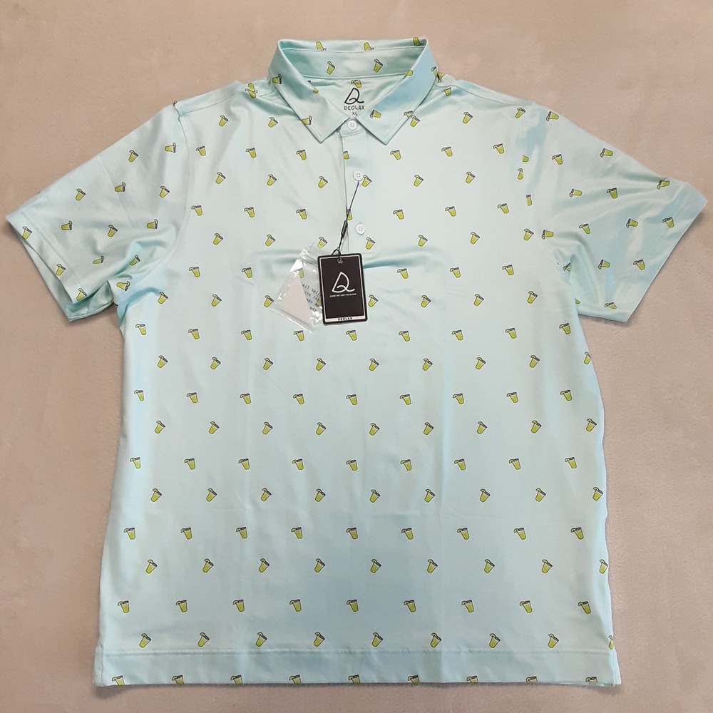 Deolax Mens Performance Golf Shirt XL Blue Yellow Margarita Cocktail Print